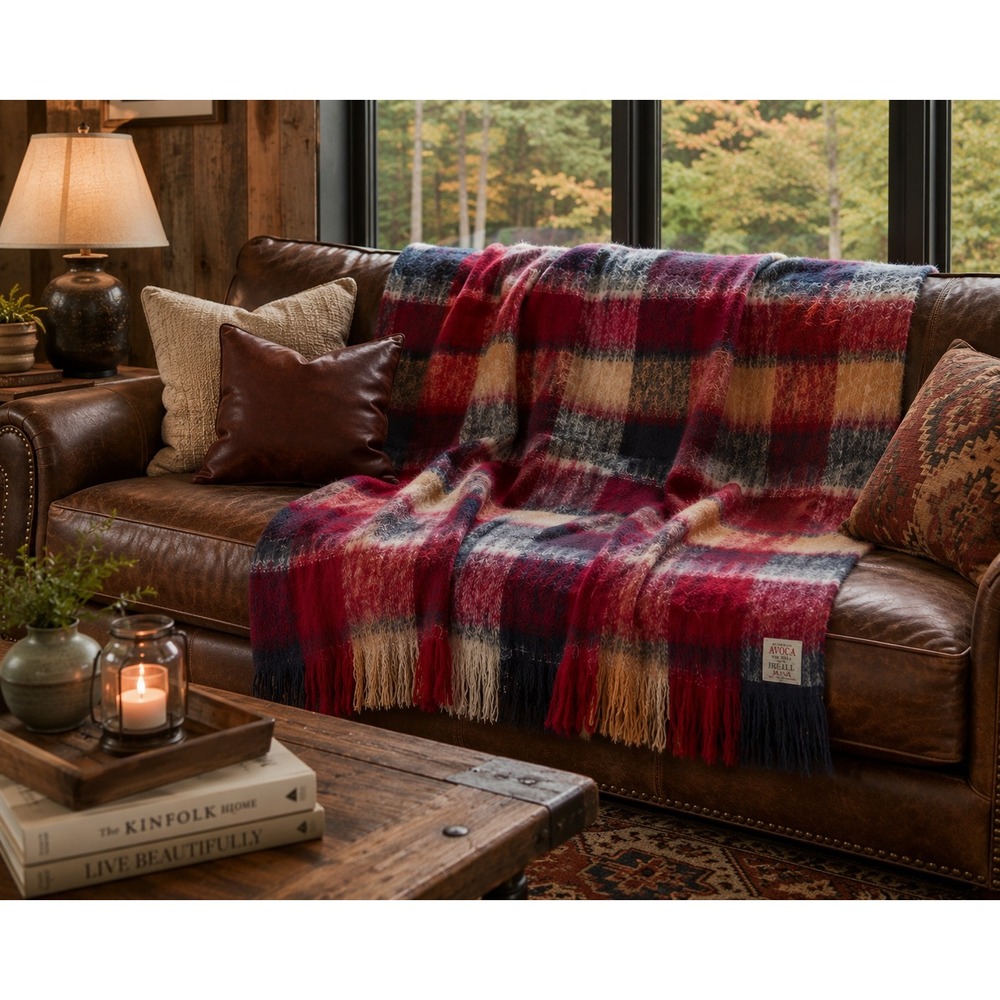 Avoca Throw Blanket Unisex 76x58 Red Plaid Excellent Mohair Wool Irish Fringed